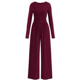 PRETTYGARDEN One Piece Jumpsuits for Women Dressy Casual Long Sleeve Crewneck Wide Leg Romper Overalls Fall Outfits 2025 (Wine Red, L)