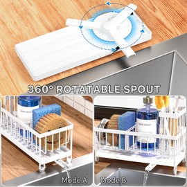 Cisily Sponge Holder for Kitchen Sink, Sink Caddy with High Brush Holder, Organzier Rustproof 304 Stainless Steel Dish Organizer Divider, Soap Dispenser Storage(White)