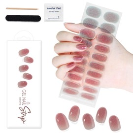 WOKOTO 1 Sheet Semi Cured Gel Nail Strips With Wood Stick, Nail File & Prepared Pads, 20 Tips Transparent Red Glitter Semi Cured Nail Polish Strips Stickers, Harden With UV Light Gel Nail Stickers