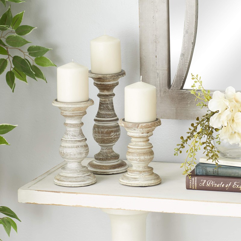 Deco 79 Mango Wood Decorative Candle Holder Turned Style Pillar