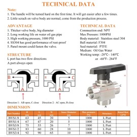 3 Way Ball Valve 3/8" NPT Reduce port 5mm Stainless Steel L Port Instrument Fitting panel mount