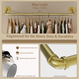 RSFMAS Wall Mounted Clothes Rack, Industrial Pipe Clothing Hanger 36 Inch Gold, Heavy Duty Wall Mount Closet Rod for Bedroom, Entryway, Laundry Drying Rack, Retail Display Clothes Rod