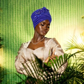 Women's African Turban Head Wrap Braid Beanie Cap Headwear Crystals Twisted Head Turbans for Women (US, Alpha, One Size, Medium, Royal Blue)