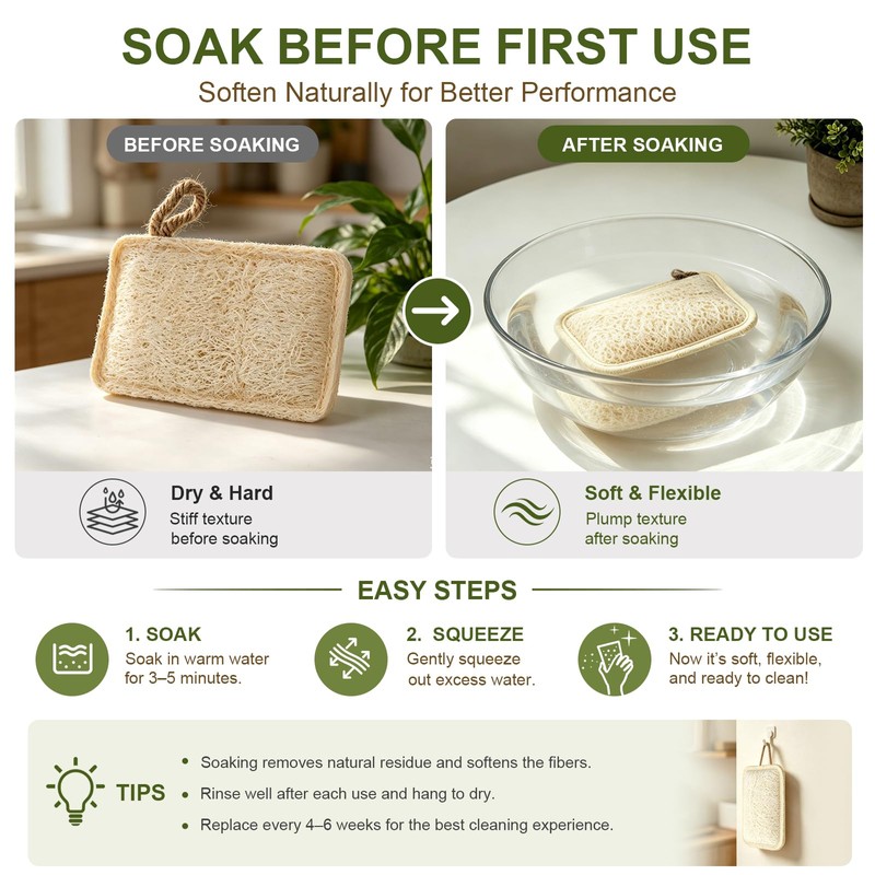 Natural Loofah Dish Scrubber Sponges, 6 Pack Large Plant-Based Kitchen