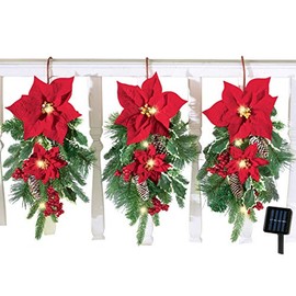 Collections Etc Solar Powered Evergreen Poinsettia Swag Hangers - Set of 3