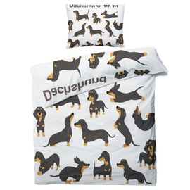 MOBEITI Dachshund Bed Linen 135 x 200 cm, Dachshund Dog Motif Reversible Bed Linen, Soft Cuddly Microfibre Duvet Cover Set 2-Piece, 1 Pillowcase 80 x 80 cm, with Zip - Dachshund Decoration & Gifts