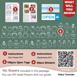 Krinisou Dried Flower Bookmark Kit, 40pcs DIY Transparent Bookmarks for Pressed Dried Flowers, Plastic Clear Jars Stickers Set with Instructions Medium Size(Pressed Flowers Excluded)