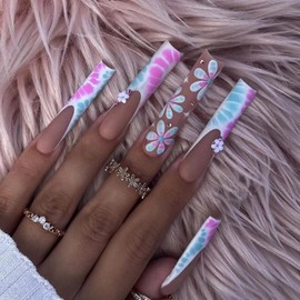 Press on Coffin Nails Long Length Glossy Full Cover Acrylic Extra Long Square False Nails with Designs Artificial Ballerina Square Fake Nails with Charm Glue ons Nails Fingernails for Women(SGCY267)