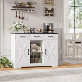 HOSTACK Modern Farmhouse Buffet Cabinet with Storage, Barn Doors Sideboard Buffet Storage Cabinet with Drawers and Shelves, Wood Coffee Bar Cabinet for Kitchen, Dining Room, Living Room, White/Black