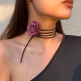 Prosy Layered Rose Choker Necklaces Collar Black Braided Cord Pendant Flocked Fabric Necklace Chain Jewellery for Women and Girls, Fabric