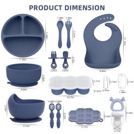 16 Pack Silicone Baby Feeding Set, BPA-Free Baby LED Weaning Supplies, Include Suction Plates, Baby Bowls, Silicone Fork & Spoon, and More, First Stage Baby Food Eating Utensils - 6+ Months(Blue, 16)