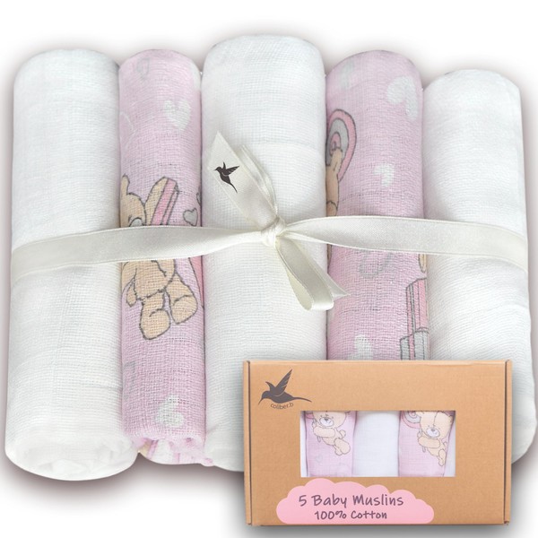 Baby Muslins Pack 5 - Large Muslin Cloths for Baby 70 x 80 cm - Soft and Absorbent Muslin Burp Cloths 100% Cotton - Machine Washable Baby Muslin Squares 3 White and 2 Colour (Pink)