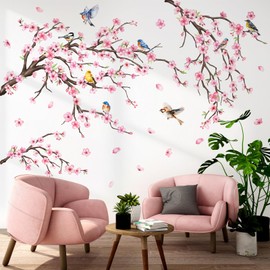 FUFUQUARE Pink Cherry Blossom Tree Wall Stickers Spring Birds on Flower Branch Wall Art Decal Peel and Stick for Living Room Bedroom Nursery Decor