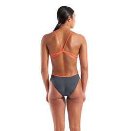 ARENA Women's Solid Team MaxLife Sports Swimsuit Lace Back One Piece Racing Bathing Suit Competition Training Athletic Swimwear, Asphalt/Bright Coral, US Size 34