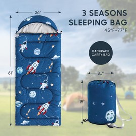 Wake In Cloud - Kids Sleeping Bag for Boys Toddlers, Camping in Warm Cold Weather, Backpacking Lightweight Compact Outdoor Liner for 3 Seasons Summer Spring Fall, Space Rocket Blue