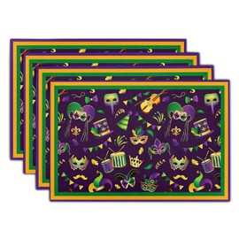 Mardi Gras Placemats Set of 4 Fleur De Lis and Masks Non Slip Heat-Resistant Washable Table Place Mats Linen Tablemats for Kitchen Dining Table Home Decoration 12" x 18"