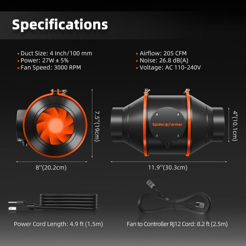 Spider Farmer 4 Inch Inline Duct Fan with RJ12 Speed