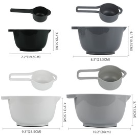 BoxedHome Set of 8 Mixing Bowls, Grey Plastic Salad Bowls, Non-Slip Multifunctional Mixing Bowls, Serving Bowls for Kitchen, 8-Piece (4 Mixing Bowls with 4 Measuring Spoons), Grey