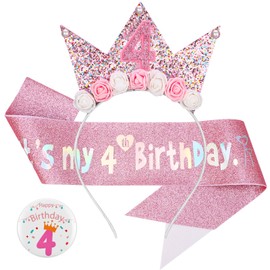 GSrenyu 4th Birthday Girl Headband Glitter Sash and Badge Set for Birthday Decorations Girls,Princess Crown Hats Girl Headband for Kids Princess Party Glitter Hair Band Decorations