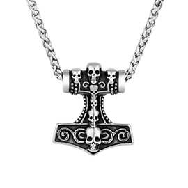 LOBON Viking Thor Hammer Necklace Nordic Vegvisir Valknut Symbol Pendant Stainless Steel Norwegian Amulet Jewelry Gift for Men Women