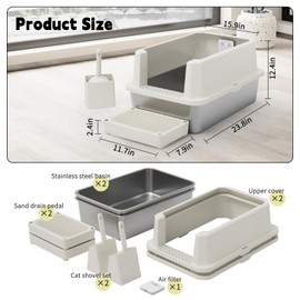 RIZZARI Stainless Steel Cat Litter Box, Semi-Closed Litter Box with High Edges, Large Odorless Litter Pan with for Small to Large Cats (Beige with Deodorizer, 2 Pack)