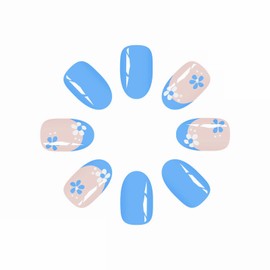 MISUD Press on Nails Short Oval Fake Nails Glossy Glue on Nails Summer Blue Acrylic Nail Supplies Round Artificial Nails French Tip Stick on False Nails Art with Flower Design DIY 24 pcs