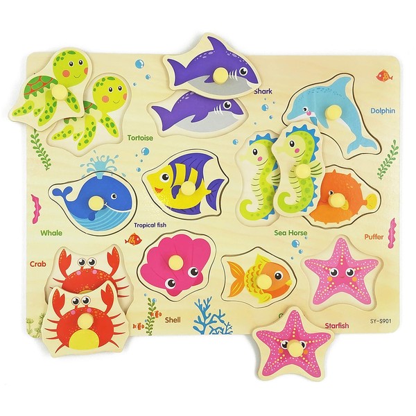 Wooden Peg Puzzle, Sea Creature Chunky Baby Puzzles, Colorful Wood