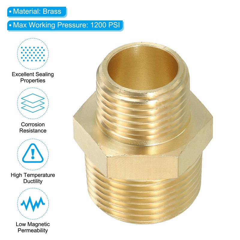 PATIKIL Solid Brass Hex Nipple Pipe Fitting Thread Adapter, 2