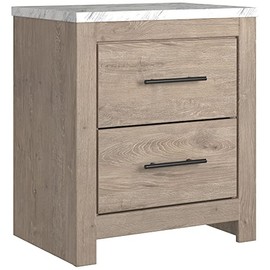 Signature Design by Ashley Senniberg Modern 2 Drawer Nightstand with Faux Marble Top, 24.72" Tall, Light Brown & White