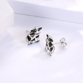Sterling Silver Cow Earrings for Girls: Dairy Cattle Enamel Black and White Milk Cow Stud Earrings Farm Animal Jewelry Gifts for Women Cowgirls, Sterling Silver, not known