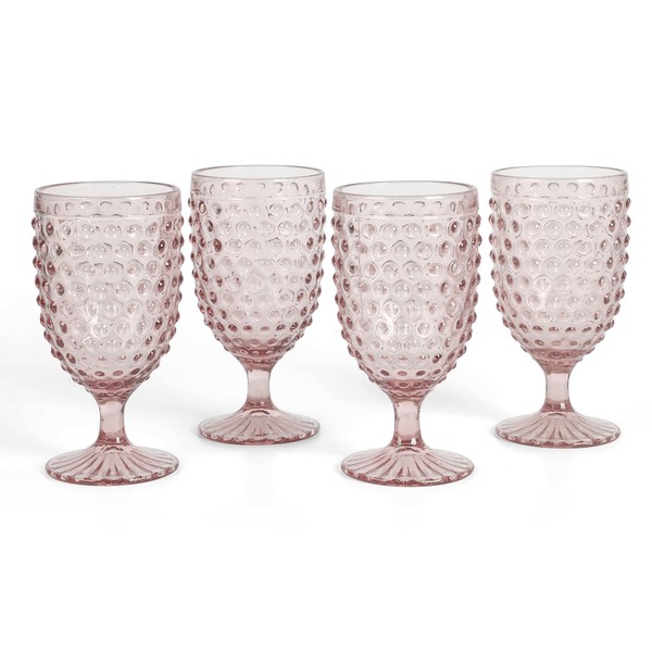 MARTHA STEWART Chauncey 4-Pack 14.2 oz Hobnail Handmade Glass Goblet - Pink