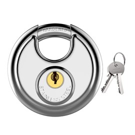 Padlock with 2 Keys Disc Lock Stainless Steel 70 mm Weatherproof Round Hanging Lock Heavy Duty for Warehouse, Containers, Garages, Gates, Sheds