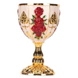 Gold Chalice 4 Inch High Zinc Alloy Retro Embossed Flower Pattern Elegant Pimp Cup for Party Banquet Bar Red Flower On Gold and White