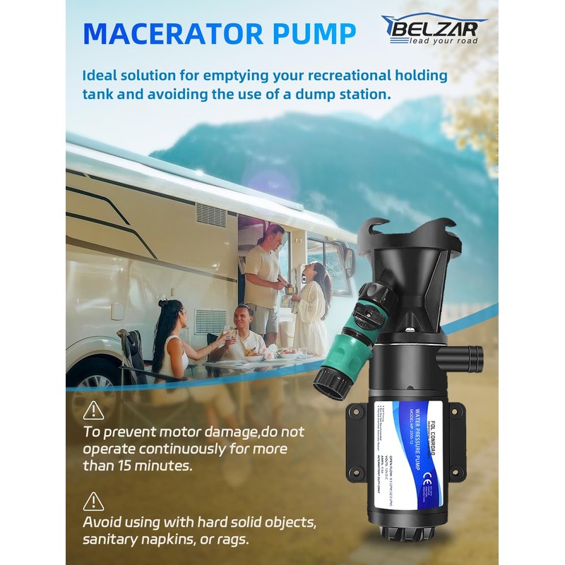BELZAR RV Macerator Pump 12V 12 GPM Lift 10FT Suction