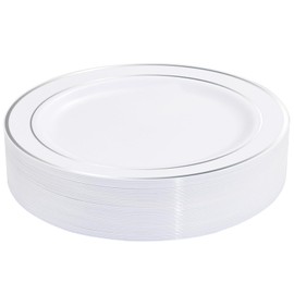 bUCLA 30PCS Silver Plastic Dinner Plates - Premium Heavy Duty 10.25inch Silver Disposable Party Plates, White and Silver Plastic Plates for Wedding & Christmas