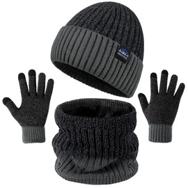 Hat Scarf and Gloves Set Mens - Winter Thermal Warm Knitted Beanie Hat Neck Warmer Touchscreen Gloves with Soft Fleece Lining Stretchy Outdoor Sports Men