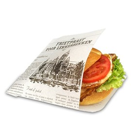 1000 Snacktüten Snacktaschen/Dönertaschen, To Go-Snackbeutel, Sandwich Taschen weiß, 2-seitig offen, Perga-Ersatz - Zeitungsmotiv"Lekkerbekken"