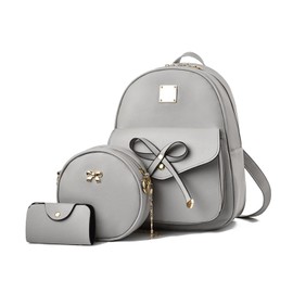 SUKUTU Women's Backpack Fashion School Bags PU Leather Waterproof 3-PCS Girls Bowknot Cute Mini Daypack Shoulder Bags, grey, One size