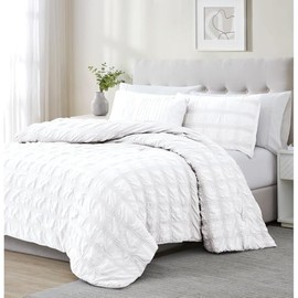 TRP 4-Piece Casual Eclectic Plush Boho Comforter Set Queen Size | Modern Bohemian Box Ruched Pattern Shabby Chic Bedding | Gorgeous White Color Glam | Unique Super Soft Cozy Lush Sophisticated Design