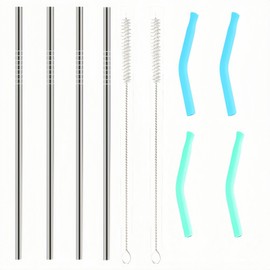 4 pack tainless Steel Straws, 8.5in*0.3in Reusable Stainless Steel Straws with Suction Brush and Silicone Extension Nozzle, Reusable Drinking Straws Suitable for home and outdoors.
