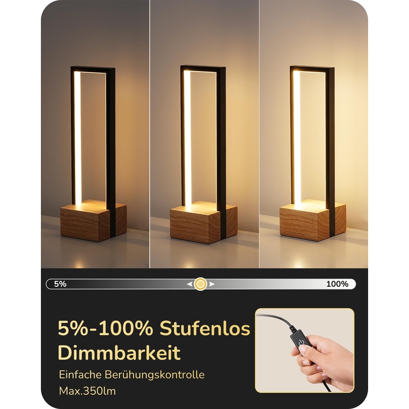 EDISHINE LED Wooden Table Lamp, Touch Dimmable & Memory Function,