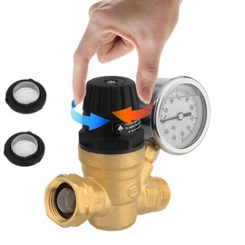 Twilight Garage Handle Adjustable RV Water Pressure Regulator for RV Camper, Brass Lead-Free RV Water Pressure Regulator Valve with Gauge and Filters for RV Camper, Travel Trailer