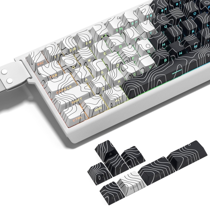 double shot PBT keycaps,white and black,Topographic keycaps,lines backlit,Shine Through keycap,Side
