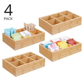 mDesign Bamboo Tea & Food Storage Organizer Container Box - Wooden Holder Case for Tea Bags, Coffee, Snacks, Sugar, Sweeteners, and Small Packets - Echo Collection - 4 Pack - Natural Wood