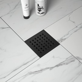 Bernkot Square Shower Drain, 4" Matte Black 304 Stainless Steel Drain Grate Removable Drain Key with PVC Bonding Flange Base for Low Profile Floor Tiles, CUPC Certified