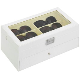 MyGift Deluxe White 12-Compartment Sunglasses Display Case with Glass Lid and Leatherette Trim