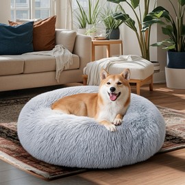 SunStyle Home Dog Bed Medium Size, Donut Round Calming Dog Bed, Anti-Anxiety Fluffy Plush Faux Fur with Anti-Slip Bottom Machine Washable Cushion for Medium and Large Pets (Grey, 30")