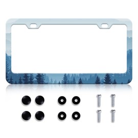 Mountains and Forest License Plate Frame - Silhouette of Forest License Plate Frame Cover Holder Aluminum Metal, Rust-Proof Waterproof Car Decorative Tag Frames for Standard Us 12x6 Inch