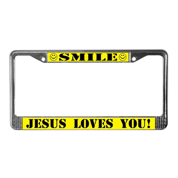 CafePress Smile Jesus Loves You License Plate Frame Chrome License
