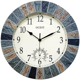 OCEST 13 Inch Large Outdoor Indoor Clock, Waterproof Wall Clock with Thermometer, Weather-Resistant Non-Ticking Battery Operated Decor for Patio, Pool, Lanai, Fence, Porch, Garden（Brown）